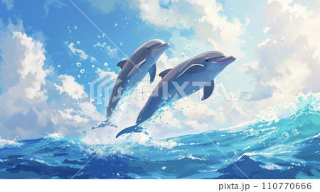 夏の海とジャンプするイルカのイラスト　AI画像 110770666