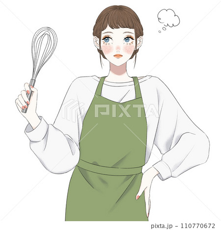 考え事をするエプロン姿の女性 考え事をするエプロン姿の女性 110770672
