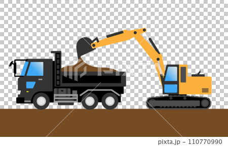 鏟車將挖出的土和沙裝載到自卸車上 110770990
