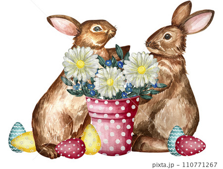 Watercolor Illustration Easter Rabbit and Easter Egg. Watercolor easter pot with bunnies, chicken and decorated eggs. Watercolor Illustration Easter Rabbit and Easter Egg. Watercolor easter pot with bunnies, chicken and decorated eggs. 110771267