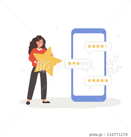 Customer feedback. Mobile phone screen with clients reviews. Woman with huge star standing near big smartphone and reading testimonials or leaving comment. Vector illustration in flat cartoon style 110771270