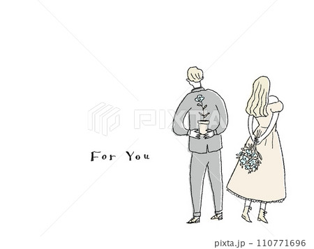 手に花を持った若い男女の後ろ姿、カップル、 手に花を持った若い男女の後ろ姿、カップル、 110771696