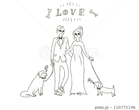 二匹の犬と結婚式を挙げる新郎新婦、線画 110772146