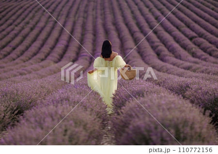 Woman lavender field. Lavender field happy woman in yellow dress in lavender field summer time. Aromatherapy concept, lavender oil, photo session in lavender Woman lavender field. Lavender field happy woman in yellow dress in lavender field summer time. Aromatherapy concept, lavender oil, photo session in lavender 110772156