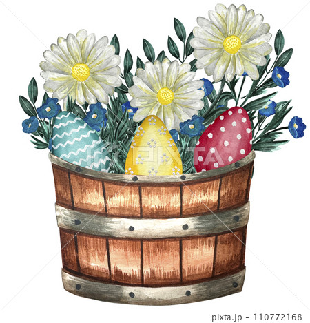 Watercolor easter wooden bucket with bow decorated eggs illustration.  110772168