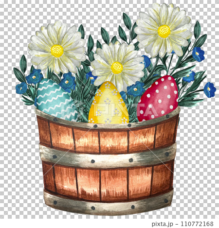 Watercolor easter wooden bucket with bow decorated eggs illustration.  110772168