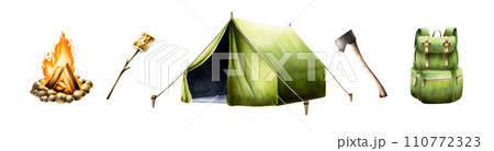 Watercolor green camping tent, axe, backpack, campfire and roasted marshmallow illlustrations. Mountin equipment for recreation tourism and adverture isolated on white background. Clip art for 110772323