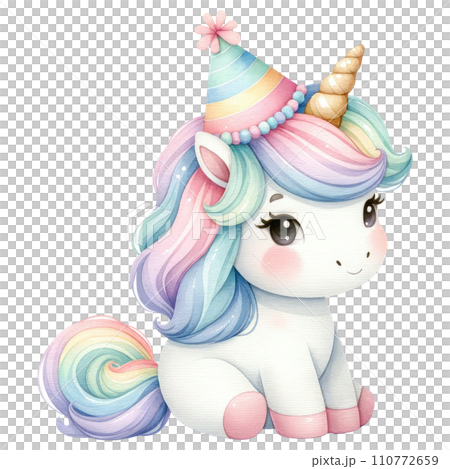 Unicorn in rainbow and white colors for baby and girls birthday party 110772659