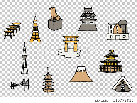 Hand drawn illustration set of famous places in Japan Hand drawn illustration set of famous places in Japan 110772810