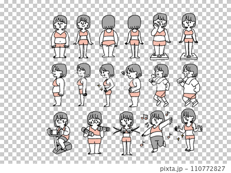 Illustration set of thin women and fat women working hard on diet 110772827