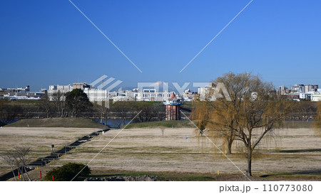 江戸川河川敷（江戸川ラインゴルフ松戸コース）から金町浄水場取水塔と富士山（PLフィルター装着）  110773080