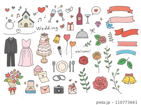ウエディング・結婚式にまつわる手描きイラストセット（カラー） 110773661