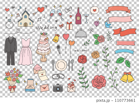 ウエディング・結婚式にまつわる手描きイラストセット（カラー） 110773661