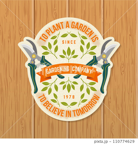 Gardening and yard work services emblem, label, badge, logo. Vector illustration. For sign, patch, shirt design with hand secateurs, garden pruner, gardening equipment silhouette. 110774629