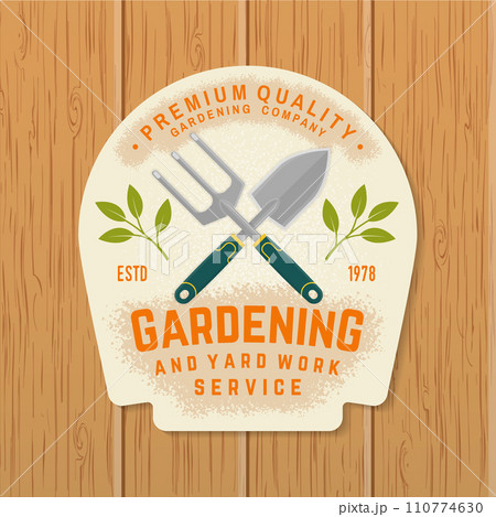 Gardening and yard work services emblem, label, badge, logo. Vector illustration. For sign, patch, shirt design with hand garden trowel, farming fork, gardening equipment silhouette. Gardening and yard work services emblem, label, badge, logo. Vector illustration. For sign, patch, shirt design with hand garden trowel, farming fork, gardening equipment silhouette. 110774630