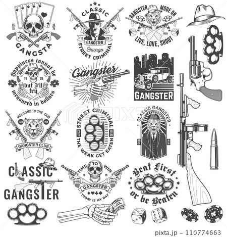 Set of gangster club badge design. Vector illustration. Vintage monochrome label, sticker, patch with gangster, submachine gun and tiger gangster skull silhouettes. 110774663