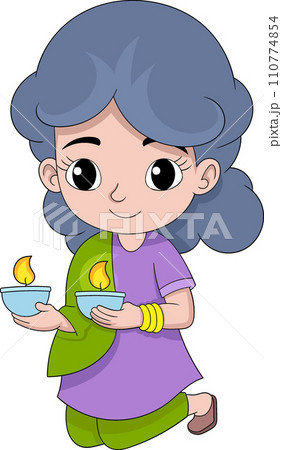 illustration of the traditional Hindu Diwali celebration, a woman is kneeling carrying a candle 110774854