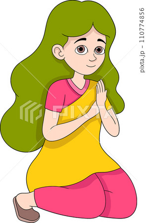 illustration of the traditional Hindu Diwali celebration, a woman is kneeling to worship the goddess 110774856