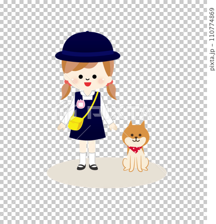 一個微笑的女孩和狗的插圖 一個微笑的女孩和狗的插圖 110774869