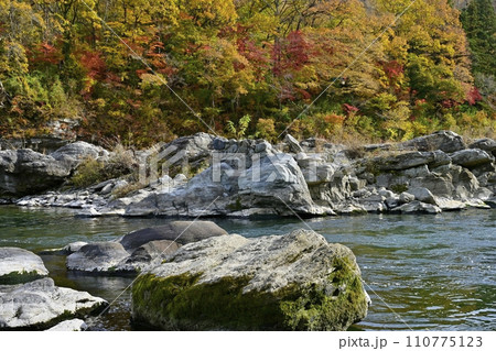 長瀞岩畳南端付近の岩場と荒川の流れに紅葉の渓谷 長瀞岩畳南端付近の岩場と荒川の流れに紅葉の渓谷 110775123