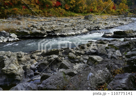 長瀞岩畳南端付近の岩場と荒川の流れ(急流)に紅葉の渓谷 長瀞岩畳南端付近の岩場と荒川の流れ(急流)に紅葉の渓谷 110775141