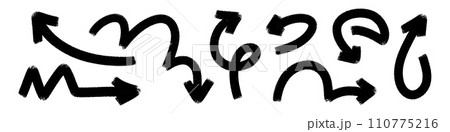 Scribbled arrow doodles, hand drawn with brush, pencil, and marker. Sketch like lines and circles pointing down. Flat vector illustration isolated on white background. Scribbled arrow doodles, hand drawn with brush, pencil, and marker. Sketch like lines and circles pointing down. Flat vector illustration isolated on white background. 110775216