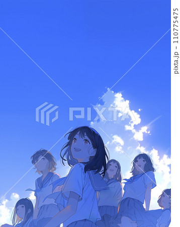 澄んだ青空を眺める複数の女子校生（AI生成画像） 110775475