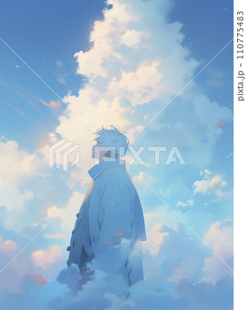 青空の下、遠くを見つめる少年の姿（AI生成画像） 110775483