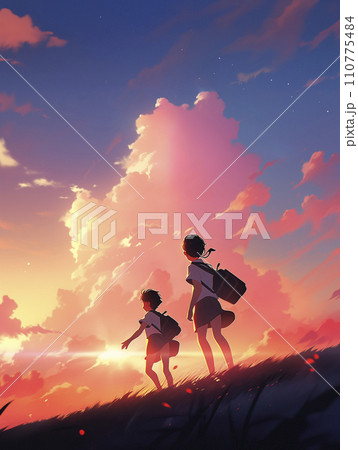 綺麗な夕焼け空、堤防を歩く男女の姿（AI生成画像）のイラスト素材