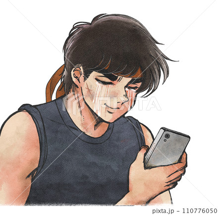レトロ80s漫画タッチ・スマホを見て号泣する筋肉質な男性 レトロ80s漫画タッチ・スマホを見て号泣する筋肉質な男性 110776050
