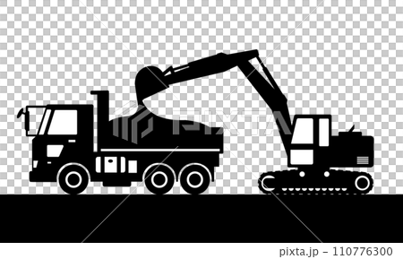 ダンプカーに土砂を載せるショベルカー（白黒シルエット） 110776300