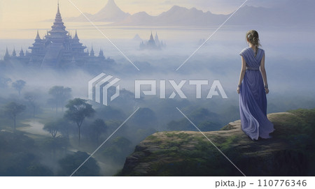 古代寺院に見入る女性 110776346