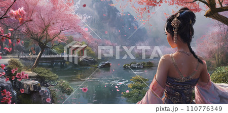 桜の下に立つ女性 110776349