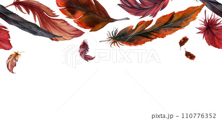 Hand drawn watercolor illustration bird feather plume quill boho tribal ethnic indian nature. Seamless banner isolated on white background. Design charm, dreamcatcher, scrapbooking, handmade, tattoo Hand drawn watercolor illustration bird feather plume quill boho tribal ethnic indian nature. Seamless banner isolated on white background. Design charm, dreamcatcher, scrapbooking, handmade, tattoo 110776352