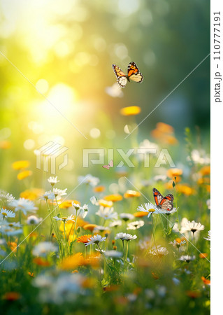 Summer natural meadow full of wildflowers and grasses on a beautiful sunny day. Summer natural meadow full of wildflowers and grasses on a beautiful sunny day. 110777191