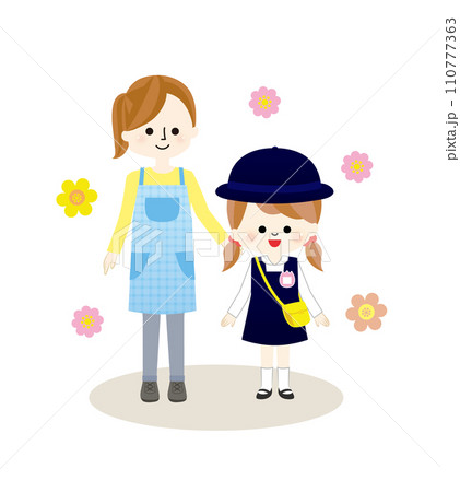 入学をお祝いする先生と幼稚園児の女の子 110777363