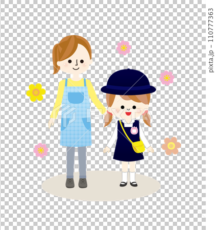 入学をお祝いする先生と幼稚園児の女の子 110777363