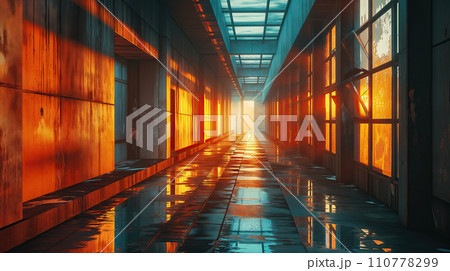 Morning light rays illuminating empty room 110778299