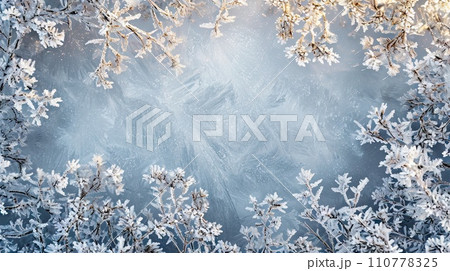 A frame of a frosty pattern of ice crystals A frame of a frosty pattern of ice crystals 110778325