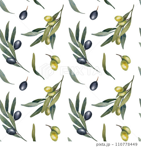 Seamless pattern with hand drawn watercolor olive tree leaves, branch, green and black olives fruit. floral illustration for fabrics, kitchen textiles, wallpapers, print Seamless pattern with hand drawn watercolor olive tree leaves, branch, green and black olives fruit. floral illustration for fabrics, kitchen textiles, wallpapers, print 110778449