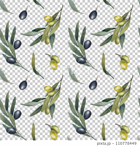 Seamless pattern with hand drawn watercolor olive tree leaves, branch, green and black olives fruit. floral illustration for fabrics, kitchen textiles, wallpapers, print Seamless pattern with hand drawn watercolor olive tree leaves, branch, green and black olives fruit. floral illustration for fabrics, kitchen textiles, wallpapers, print 110778449