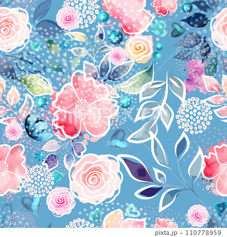 Pink and blue watercolor flowers seamless pattern. hand drawing. Not AI, Vector illustration Pink and blue watercolor flowers seamless pattern. hand drawing. Not AI, Vector illustration 110778959