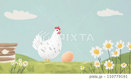 【AI生成画像】草原に立つニワトリ、牧歌的なイラスト 110779191