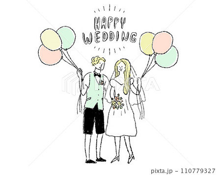 風船を持った新郎新婦、ウエディング、結婚式、ブライダル 110779327