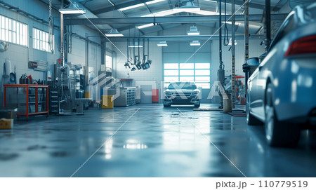 自動車修理工場で車を修理するメカニック、車検と点検のイメージ。AI画像 自動車修理工場で車を修理するメカニック、車検と点検のイメージ。AI画像 110779519
