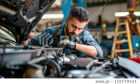 自動車修理工場で車を修理するメカニック、車検と点検のイメージ。AI画像 自動車修理工場で車を修理するメカニック、車検と点検のイメージ。AI画像 110779523