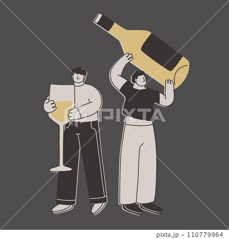Cute men with a huge bottle of white wine and a huge glass. Funny exaggerated characters for design on the theme of wine or alcoholic beverages. Vector flat illustration. 110779964