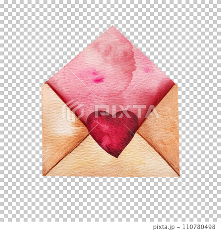 Watercolor envelope with red hearts. Hand drawn love letter illustration for valentine's day, lovers cards, wedding design. 110780498