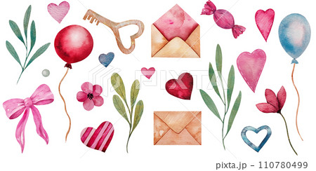 Watercolor hearts, flowers and leaves, candy, red and blue balloon, envelope, bow, key. Hand drawn set of romantic illustration for valentine's day, lovers cards, wedding design. Watercolor hearts, flowers and leaves, candy, red and blue balloon, envelope, bow, key. Hand drawn set of romantic illustration for valentine's day, lovers cards, wedding design. 110780499