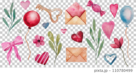 Watercolor hearts, flowers and leaves, candy, red and blue balloon, envelope, bow, key. Hand drawn set of romantic illustration for valentine's day, lovers cards, wedding design. Watercolor hearts, flowers and leaves, candy, red and blue balloon, envelope, bow, key. Hand drawn set of romantic illustration for valentine's day, lovers cards, wedding design. 110780499